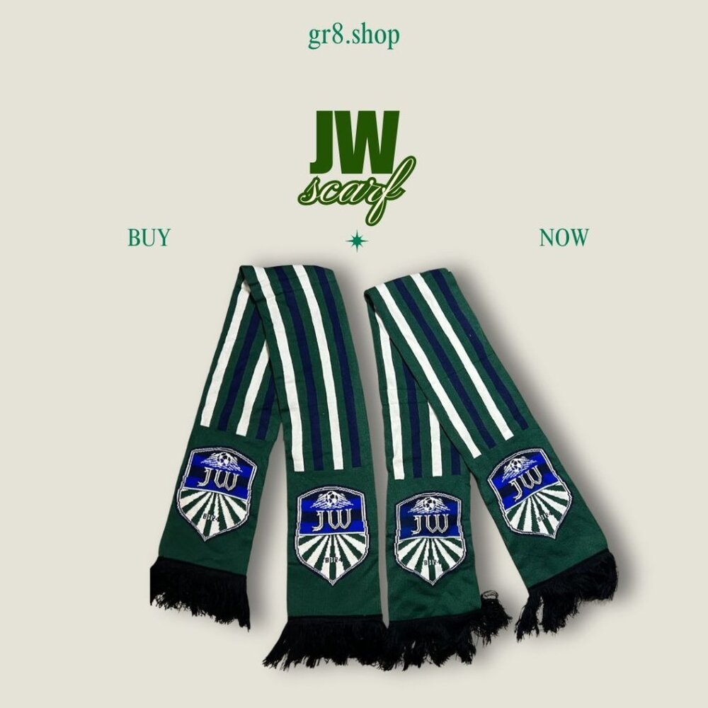 JW Green & White Striped Scarf With Fringe & Shield Embroidery